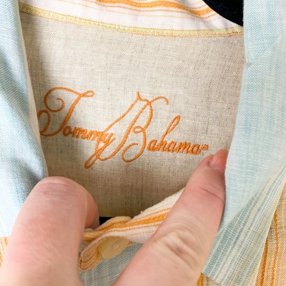Tommy Bahama linen vertical striped orange blue button up L - Picture 3 of 8